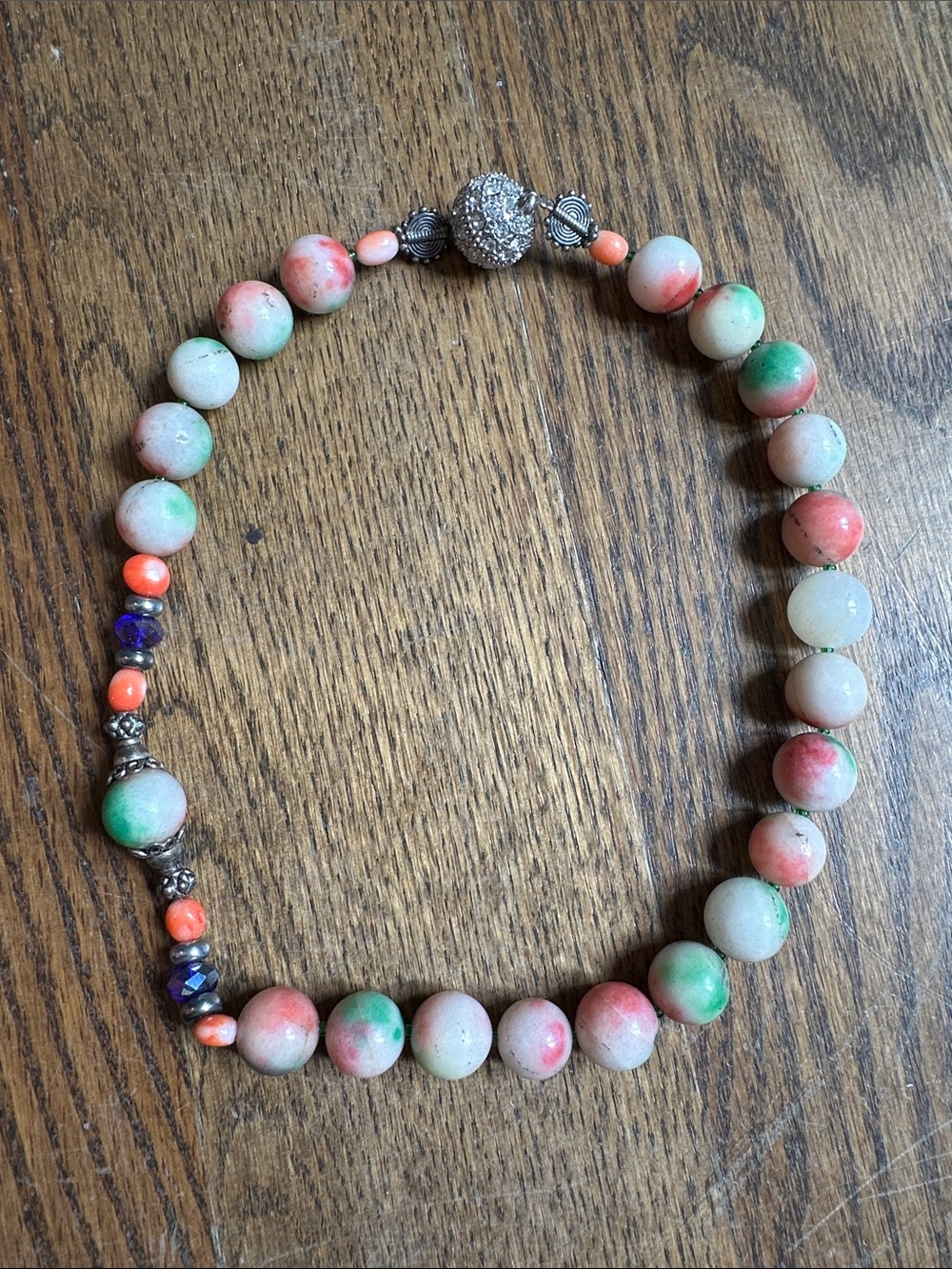 Artisan Pink Green Agate Beaded Necklace - with magnetic closure